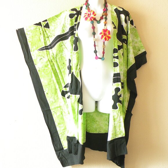 CM49 Gecko Batik Plus 38" Open Hand Painted Cover Up Midi Cardigan fit up to 5X - Picture 1 of 2